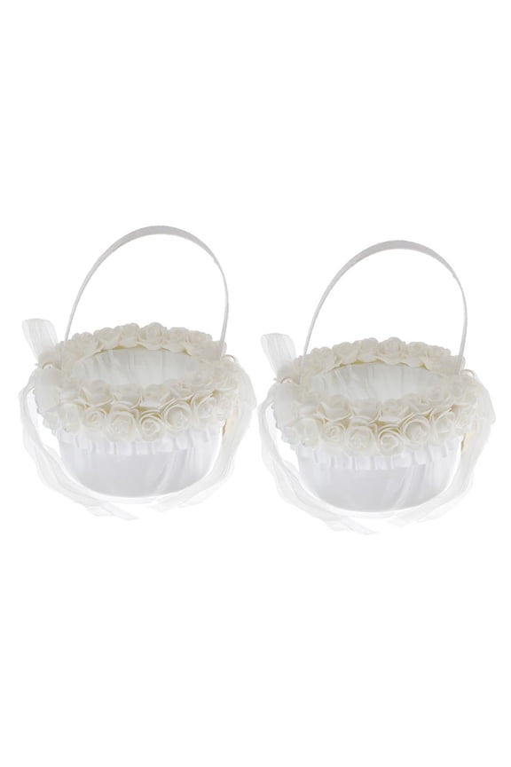 2Pcs Petal Wedding Flower Girl Basket Satin with White Roses and Ribbon Bowknot Wedding Ceremony Decor Wedding Parties Decorations