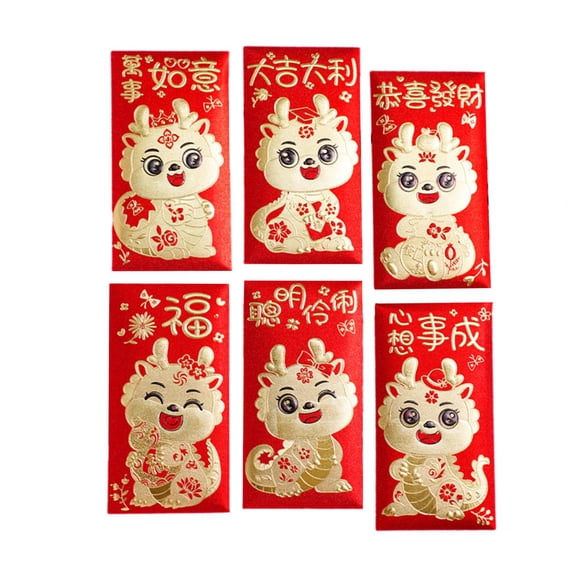 GUOOL 6 Pieces Chinese New Year Red Envelopes Hong Bao Smooth Gold Foil Lucky Money Envelopes Red Packet for Family Visits Birthday Style B