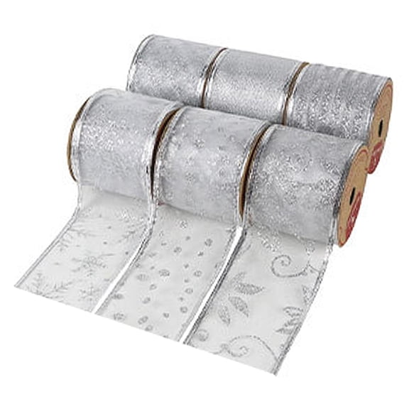 GUOOL 6Pcs Glitter Ribbons Wired DIY Crafts Home Decoration Trimming 6.3cm Metallic Ribbons for Christmas Craft Supplies Making Wreath Holiday Custom , Silver