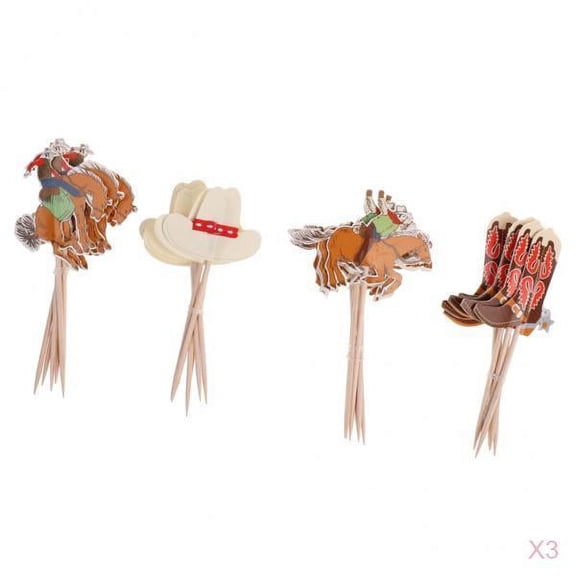 GUOOL 72 Pieces Wooden Cake Topper Design with Cowboy with Hat Kids Cake Birthday Party Accessory