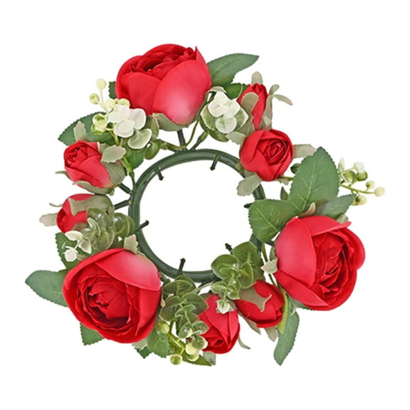 GUOOL Candle Artificial Wreath Greenery Rose Wreath Decorative Pillar Candle Holder for Door Living Room Centerpieces Ornament Bright Red