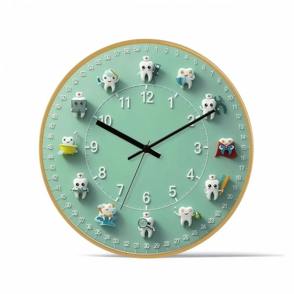GUOOL Dental Clock with Tooth Decorations Wall Art Hanging Clock Silent Printed Medical Wall Clock Suitable for Dental Clinic Kids Room Children's Play Area Pediatric Waiting Room Yellow