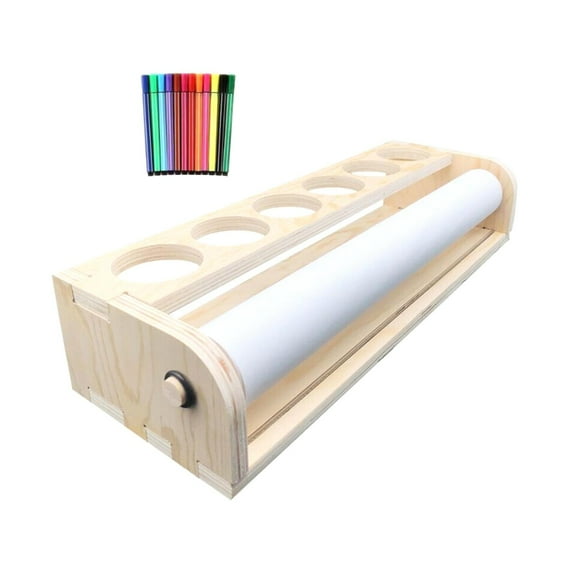 GUOOL Desktop Paper Roll Dispenser Wirh 25 Meter Paper Roll with 12 Pcs Coloring Pens Wooden Tabletop Easel for Kids Artwork Murals