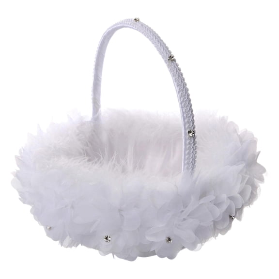GUOOL Flower Girl Basket Wedding Flower Basket Decor Lace Cute Handle Satin Flower Basket Wedding Basket for Garden Cafe Homes Hotel White