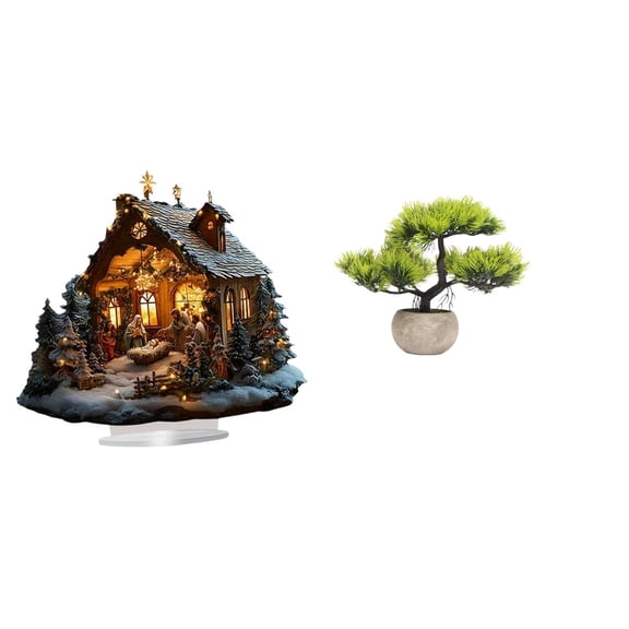 GUOOL Nativity Scene Sculpture Standing Ornament Acrylic Bonsai Tree Faux Plant In Pulp Pot Tabletop Decoration Artificial Plant Suitable For Home Office Tabletop Daily Decor