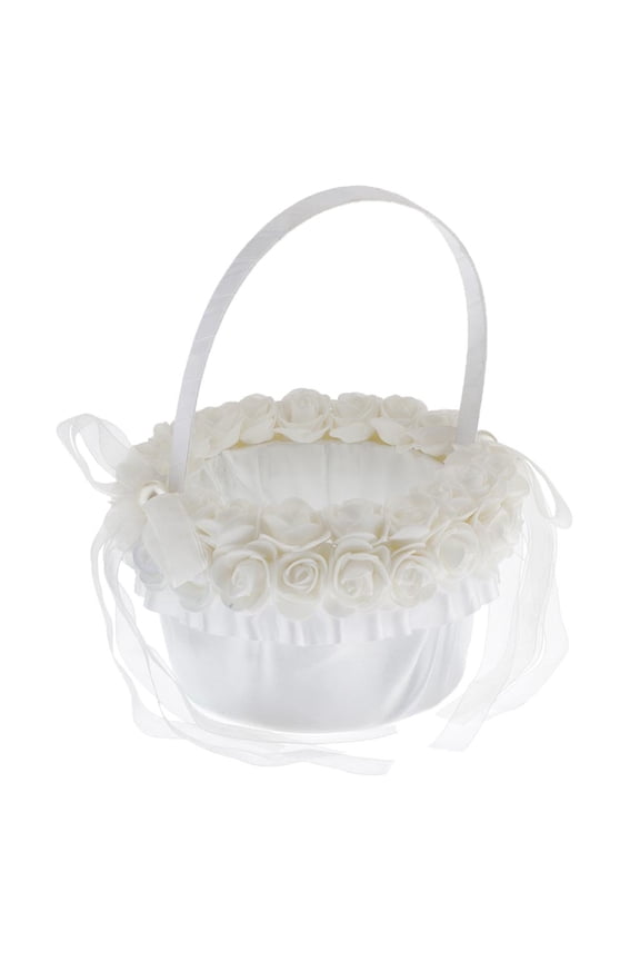 Petal Wedding Flower Girl Basket Satin with White Roses and Ribbon Bowknot Wedding Ceremony Decor Wedding Parties Decorations