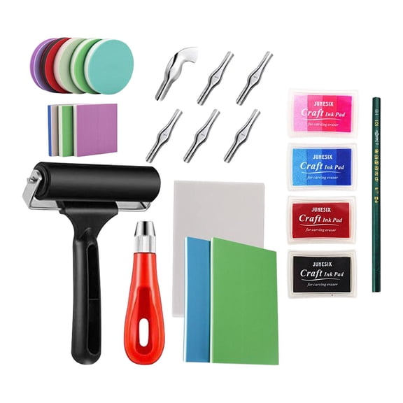 GUOOL Rubber Stamp Making Kit with Stamp Block, Rubber Roller,Rubber Carving Cutting Tool, for Inking Blocks Carving and Printmaking - 2 Option 2