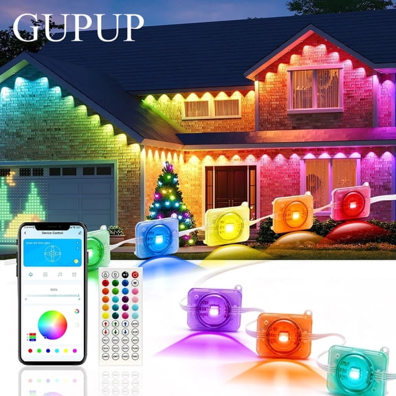 GUPUP 100ft Permanent Outdoor Lights, RGB Smart Eaves String Lights with 50 LEDs, App & Remote Control, IP65 Waterproof for Christmas, House Roof and Year-Round Garden Decoration
