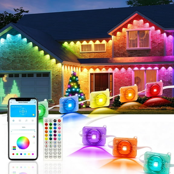 GUPUP 100ft Permanent Outdoor Lights, RGB Smart Eaves String Lights with 50 LEDs, App & Remote Control, IP65 Waterproof for Christmas, House Roof and Year-Round Garden Decoration