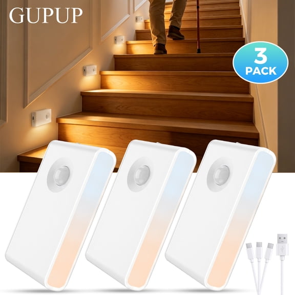 GUPUP Rechargeable Motion Sensor Stair Lights Indoor, 3 Color Modes & Dimmable LED Night Light, Wireless Stick on Light for Hallway Garage, 3 Pack