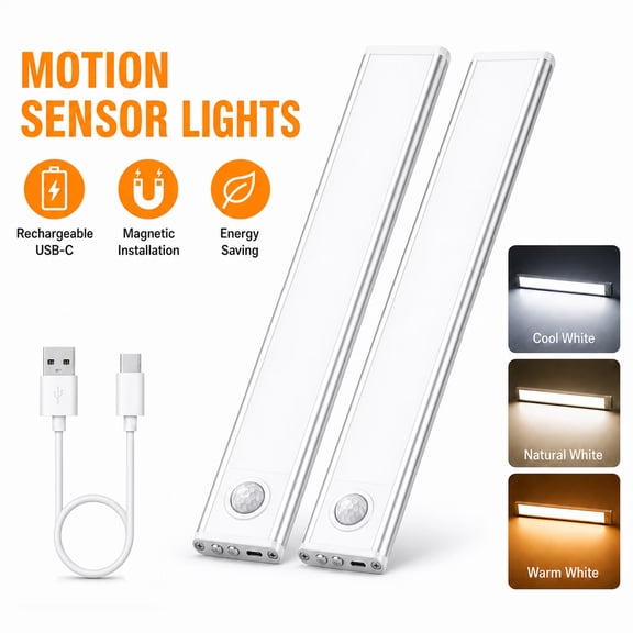 GUPUP Under Cabinet Light, 34 LED Motion Sensor Light, Dimmable Rechargeable Closet Lighting Kit with Magnetic for Kitchen Wardrobe Stairs, 2 Pack