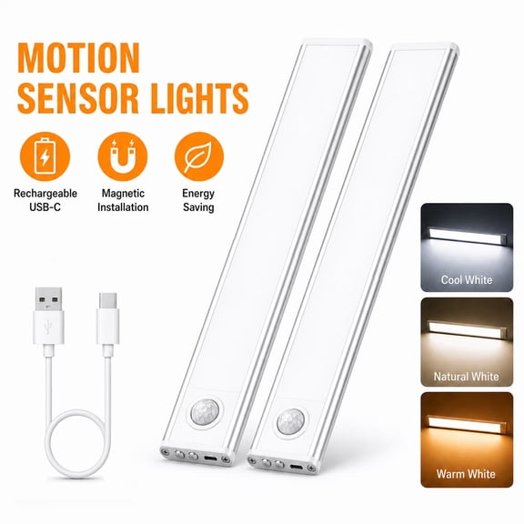 GUPUP Under Cabinet Light, 34 LED Motion Sensor Light, Dimmable Rechargeable Closet Lighting Kit with Magnetic for Kitchen Wardrobe Stairs, 2 Pack