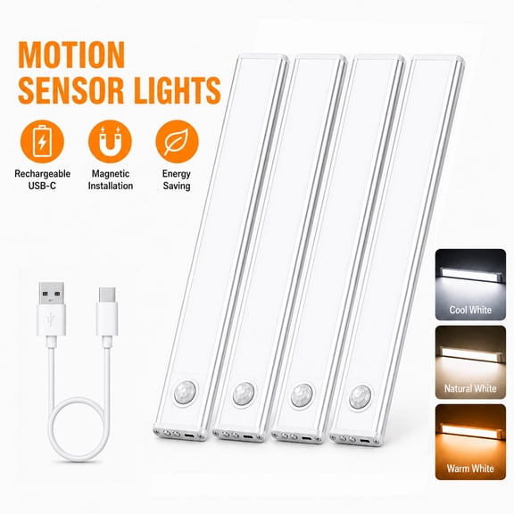 GUPUP Under Cabinet Light, 34 LED Motion Sensor Light, Dimmable Rechargeable Closet Lighting Kit with Magnetic for Kitchen Wardrobe Stairs, 4 Pack