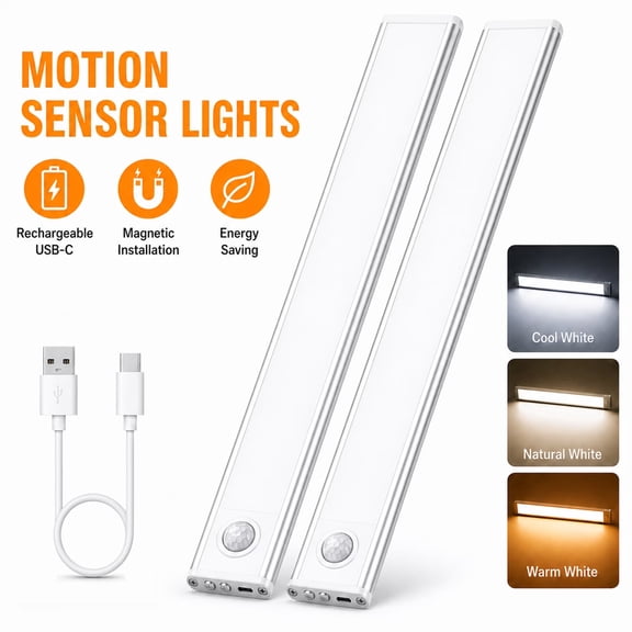 GUPUP Under Cabinet Light, 54 LED Motion Sensor Light, Dimmable Rechargeable Closet Lighting Kit with Magnetic for Kitchen Wardrobe Stairs, 2 Pack