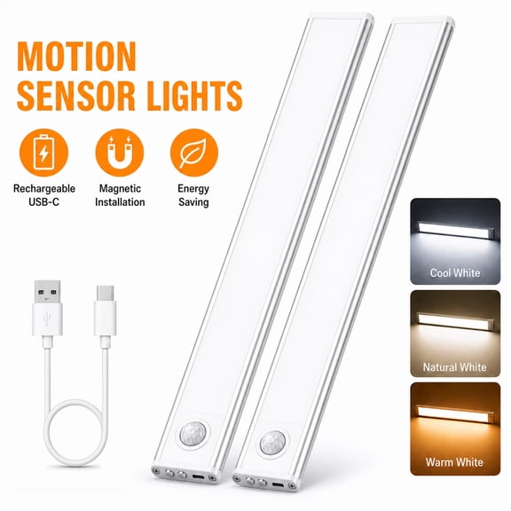 GUPUP Under Cabinet Light, 54 LED Motion Sensor Light, Dimmable Rechargeable Closet Lighting Kit with Magnetic for Kitchen Wardrobe Stairs, 2 Pack