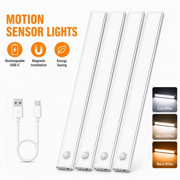 GUPUP Under Cabinet Light, 54 LED Motion Sensor Light, Dimmable Rechargeable Closet Lighting Kit with Magnetic for Kitchen Wardrobe Stairs, 4 Pack