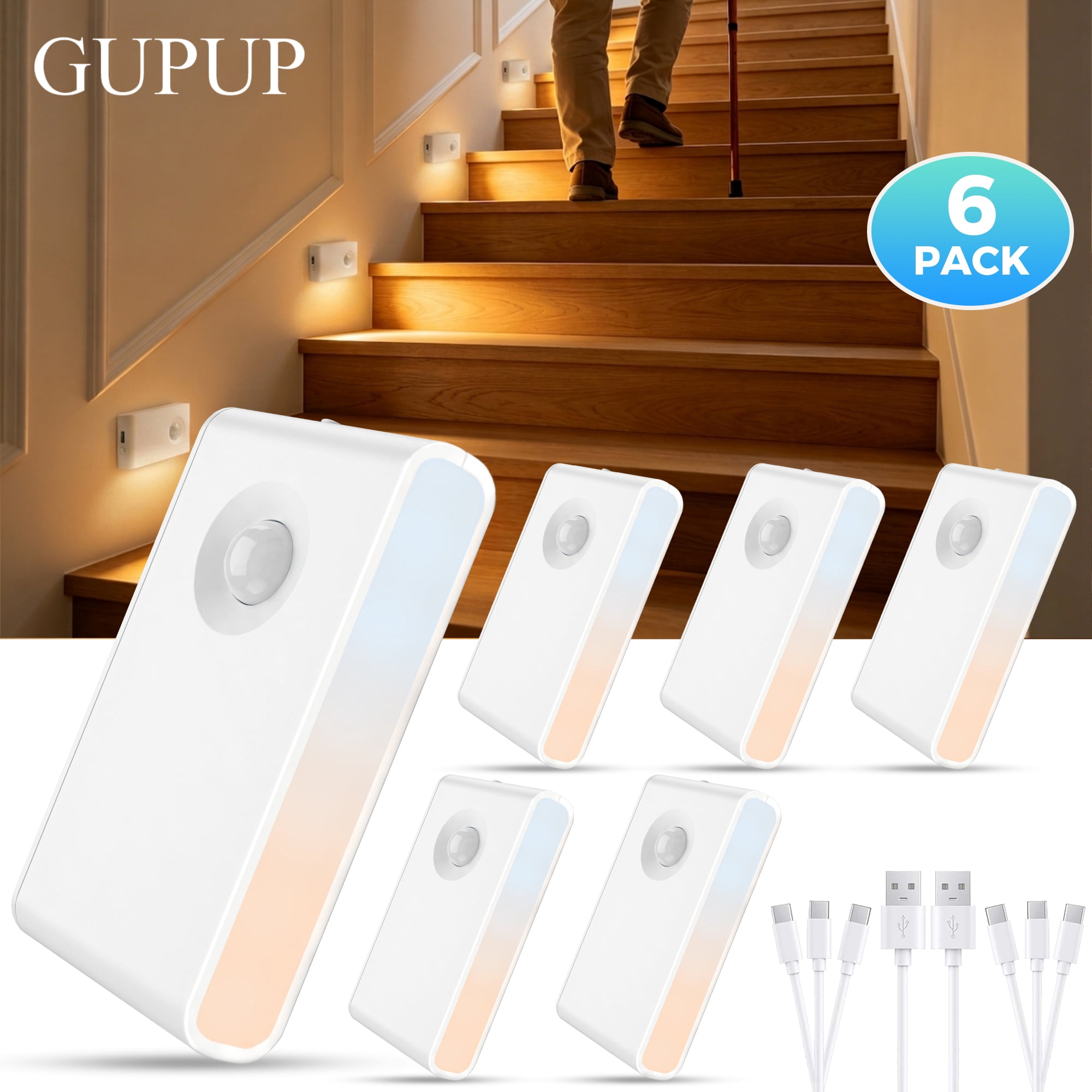 GUPUP Stair Lights Indoor, Dimmable, Rechargeable Motion Sensor LED Night Light with 3 Color Modes for Hallway, Bathroom & Living Room, 6 Pack