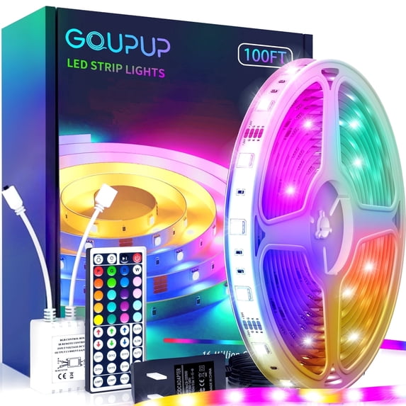 GUPUP 100 ft LED strip lights with 44 key IR remote and 24V power supply for indoor decor