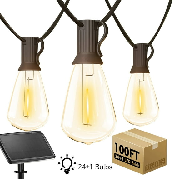 GUPUP Solar Outdoor String Lights,100ft Waterproof Shatterproof Patio Light with 24+1 ST38 Bulbs, Commercial Connectable Hanging Lights for Outside Yard Balcony