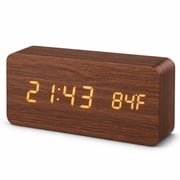 GUPUP Wooden Digital Alarm Clock, USB Port & Battery Powered Clock with 12/24H, Dimmer, Temperature, Sound Control & 3 Alarms for Heavy Sleepers