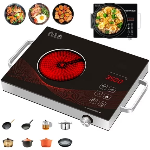 GUQDZOF 3500W Electric Ceramic Stove, 14" Portable Infrared Burner with 3 Hours Timer-Electric Hot Plate Touch Control Panel Adjustable Heating Power Glass Plate Electric Cooktop for Cooking, Black