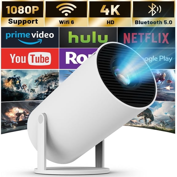 GUQDZOF Projector 4K 1080P Support, Mini Projector with WIFI 6 and Bluetooth, Mini Projector Smart for Movie Projection Compatible with Phone(White)