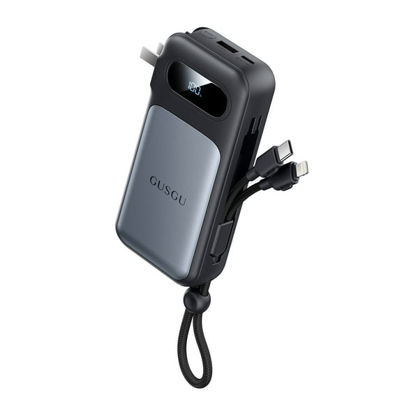 GUSGU 10000mAh Airline Approved Power Bank, 30W Max Portable Battery Pack with Lightning/USB C Cable, Cell Phone Travel Charger with Foldable AC Plug for iPhone 15/16, iPad, Samsung, Google