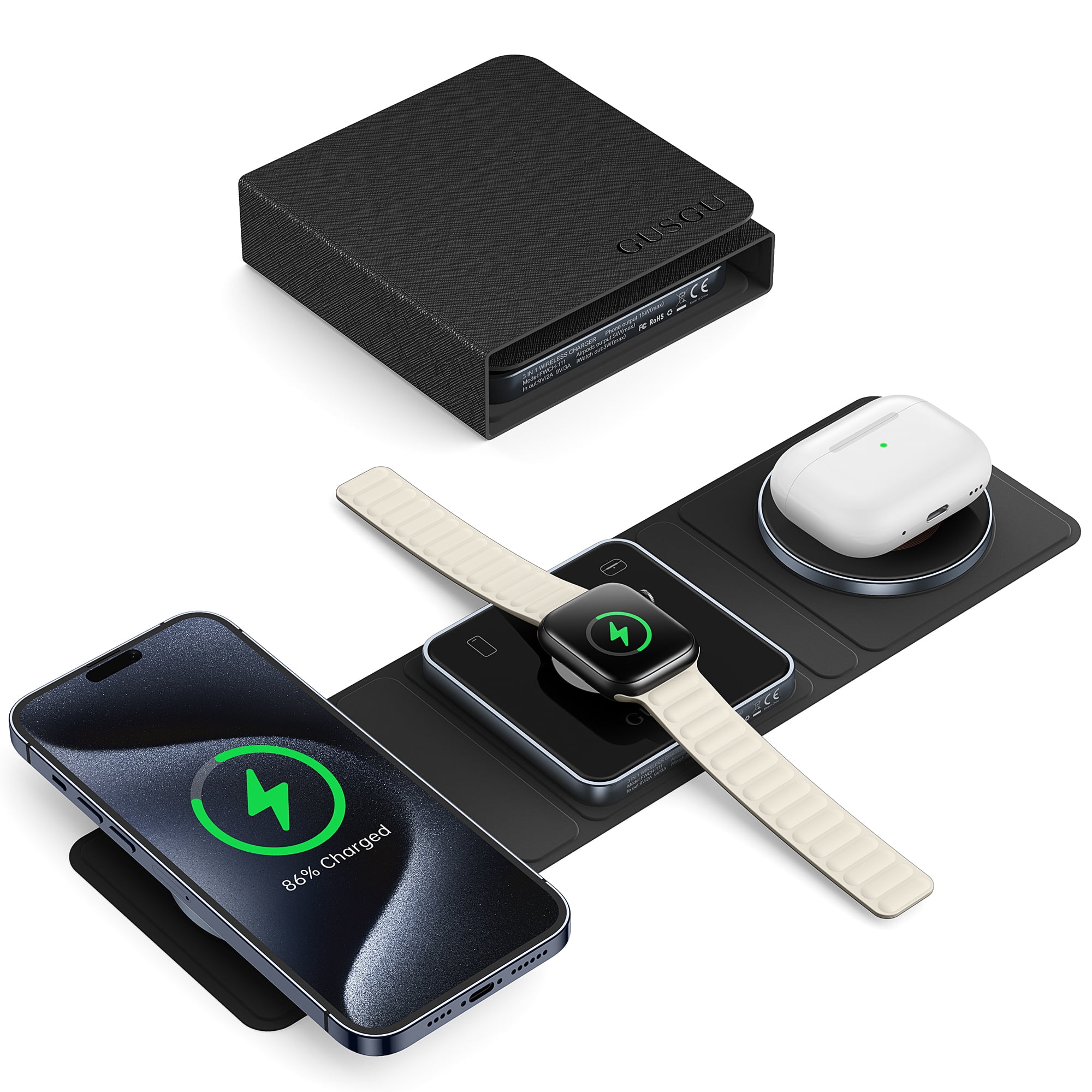 GUSGU 3 in 1 Charging Station, Leathe Surface, Magnetic Foldable 3 in 1  Wireless Charging Stand for iPhone 15/14/13/12, Apple Watch S1-8/Ultra, AirPods