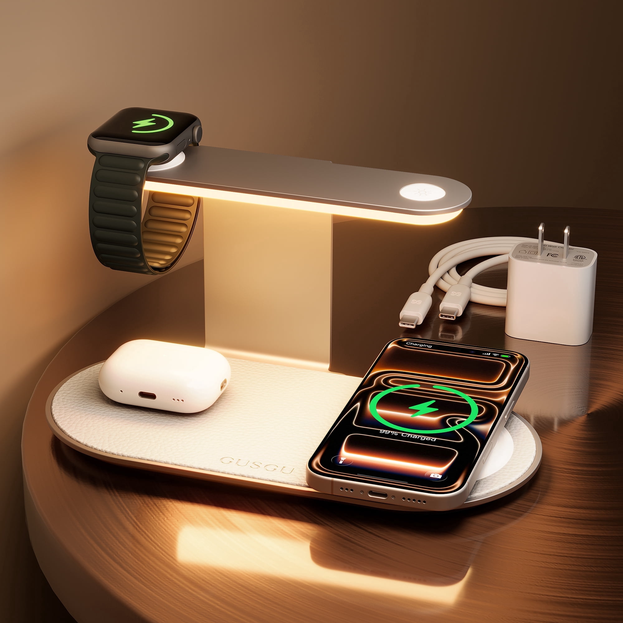 GUSGU 3 in 1 Charging Station for MagSafe Wireless Charger with Three-Level Night Light, 15W Max Fast Charging for iPhone 17/16/15, Apple Watch Series, AirPods Series