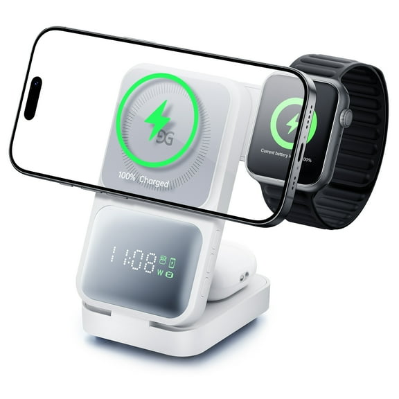 GUSGU MagTime 4-in-1 Charging Station, Foldable Wireless Charger Stand with Time Display for iPhone/Android, White