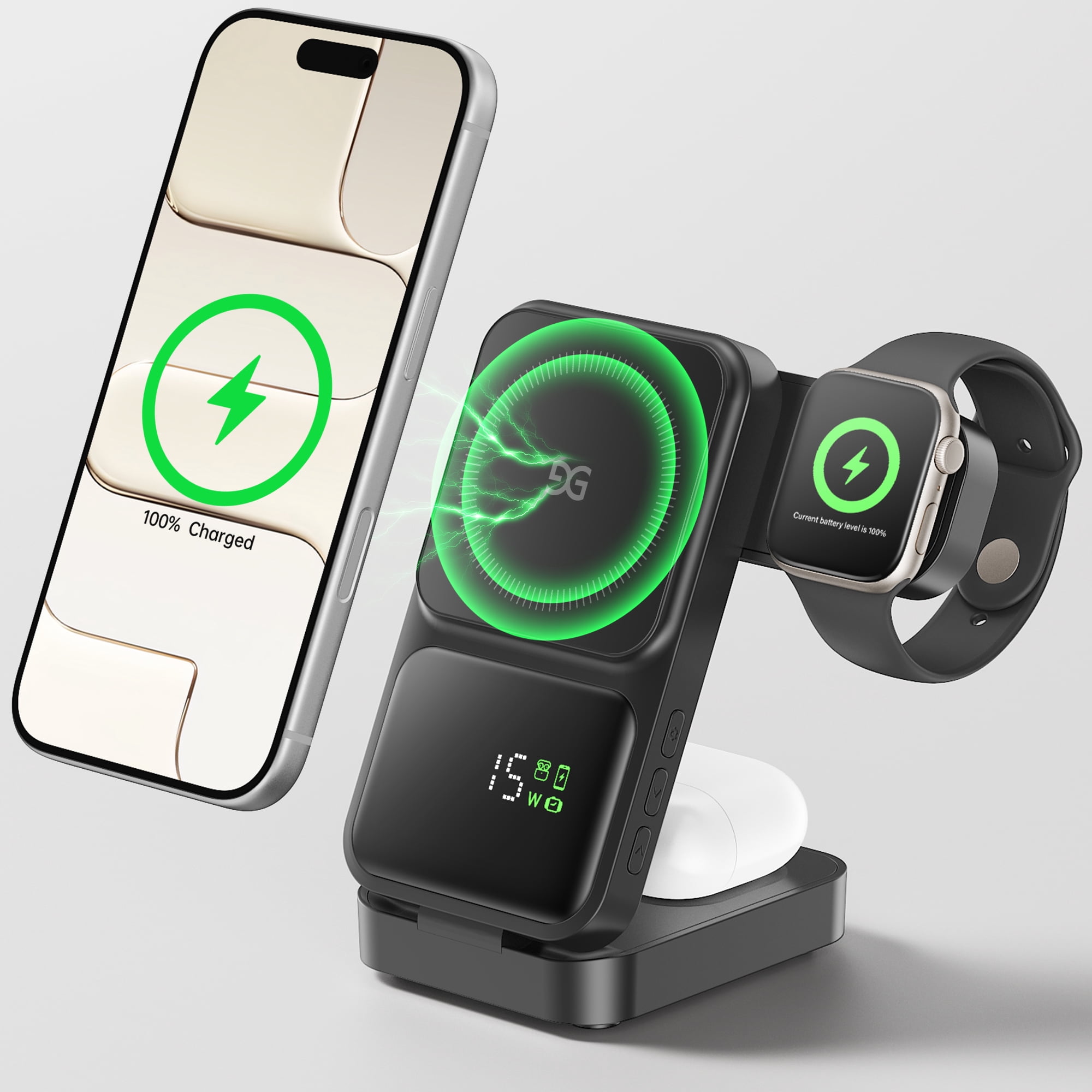 GUSGU 3-in-1 Charging Station for MagSafe Wireless Charger Clock, LED Screen with Power Display, 15W Fast Charging, Compatible with iPhone 17/Air/16/15, iWatch Ultra 3, AirPods Pro 3, Black