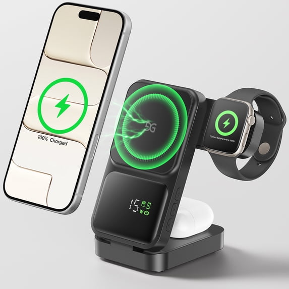 GUSGU 3-in-1 Charging Station for MagSafe Wireless Charger Clock, LED Screen with Power Display, 15W Fast Charging, Compatible with iPhone 17/Air/16/15, iWatch Ultra 3, AirPods Pro 3, Black
