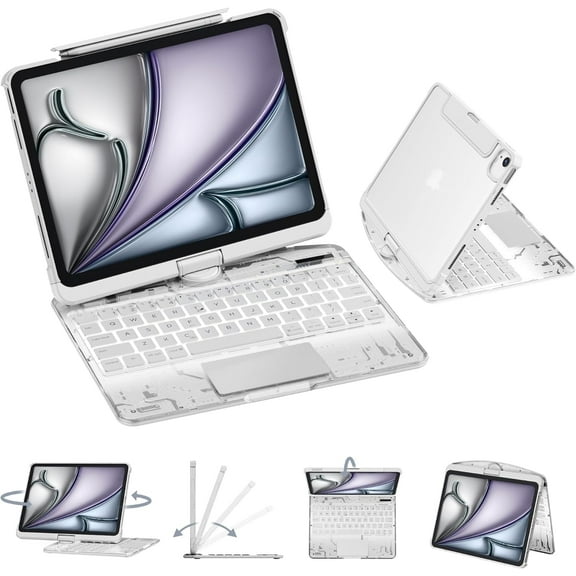 GUSGU Transparent Case with Wireless Keyboard only for 2024 iPad Pro 11-in.(M4), 7 Colors Backlight, Trackpad, 360°Rotating Stand for iPad Pro 11(5th Gen), Tech Style
