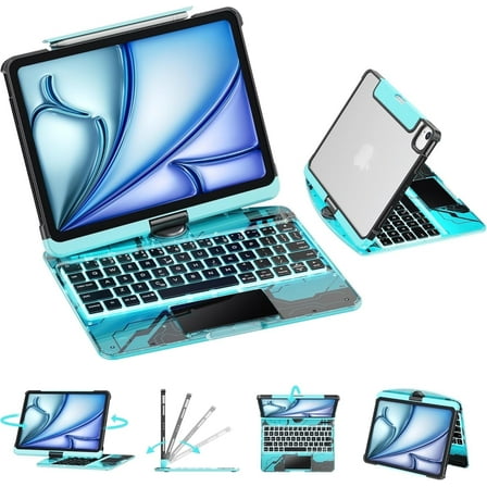 GUSGU Transparent Case with Wireless Keyboard only for 2024 iPad Pro 11-in.(M4), 7 Colors Backlight, Trackpad, 360°Rotating Stand for iPad Pro 11(5th Gen), Tech Style