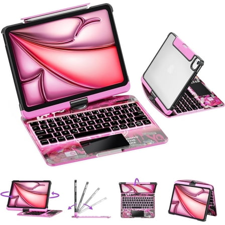 GUSGU Transparent Case with Wireless Keyboard only for 2024 iPad Pro 13-in.(M4), 7 Colors Backlight, Trackpad, 360°Rotating Stand for iPad Pro 13, Tech Style