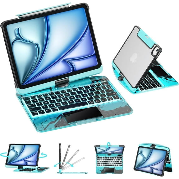 GUSGU Transparent Case with Wireless Keyboard only for 2024 iPad Pro 13-in.(M4), 7 Colors Backlight, Trackpad, 360°Rotating Stand for iPad Pro 13, Tech Style