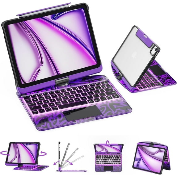 GUSGU Transparent Case with Wireless Keyboard for iPad 11th Gen 11-in.(A16, 2025), 2022 iPad 10th Gen 10.9-in, 7 Colors Backlight, Trackpad, 360°Rotating Stand, Tech Style