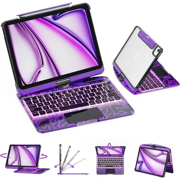 GUSGU Transparent Case with Wireless Keyboard for iPad 10.2-in (7th, 8th, and 9th Gen), 7 Colors Backlight, Trackpad, 360°Rotating Stand, Tech Style