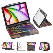 GUSGU Transparent Case with Wireless Keyboard for iPad Air 13-in.(M3/M2, 2025/2024), 7 Colors Backlight, Trackpad, 360°Rotating Stand for iPad Pro 12.9-in (6/5/