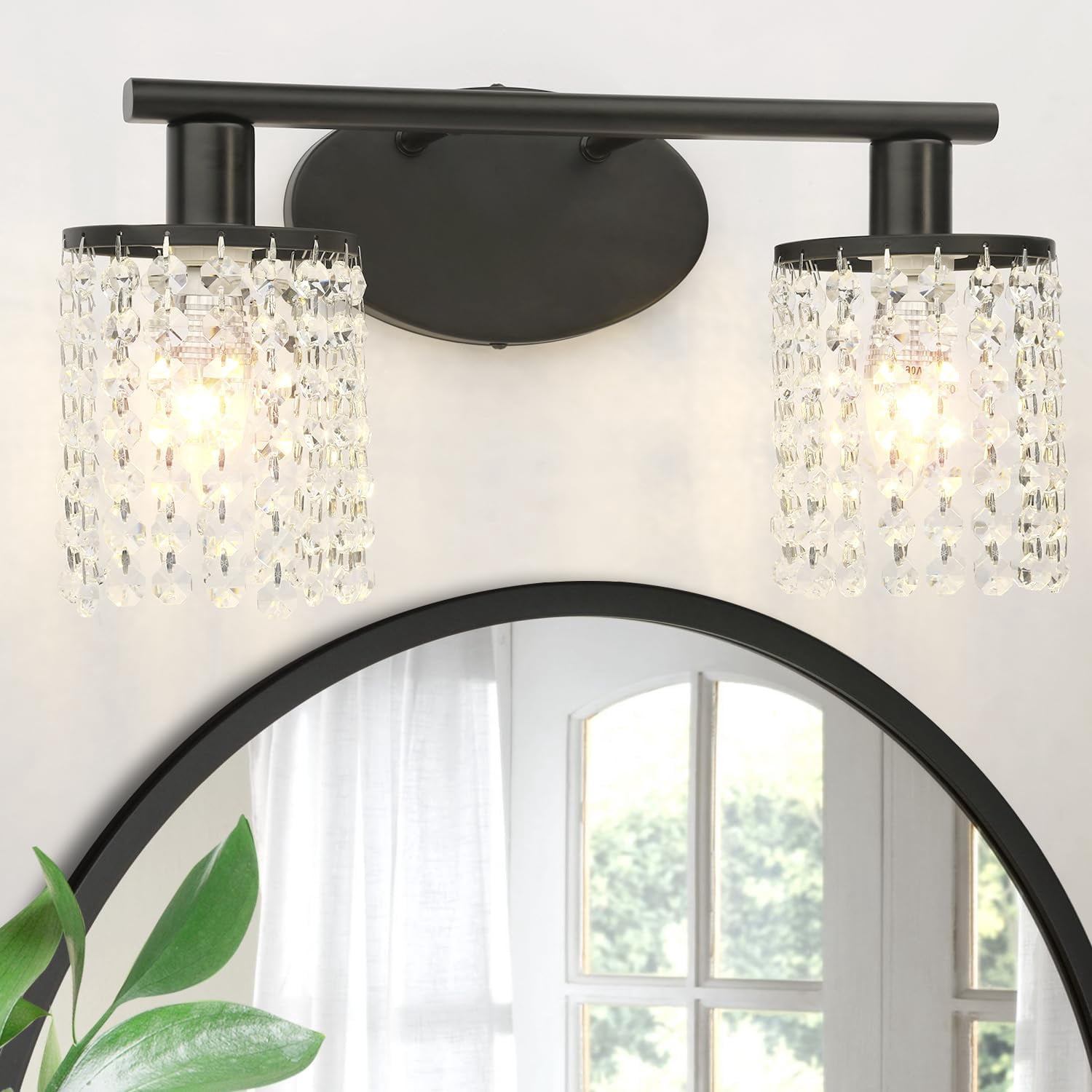 GUSTELL 2-Light Bathroom Vanity Light Fixtures, Crystal Wall Light Over Mirror Black Vanity ...