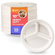 GUSTO 10 Inch 100% Compostable 3-Compartment White Paper Plates, Eco-Friendly Heavy Duty Disposable Dinnerware, 125 Count