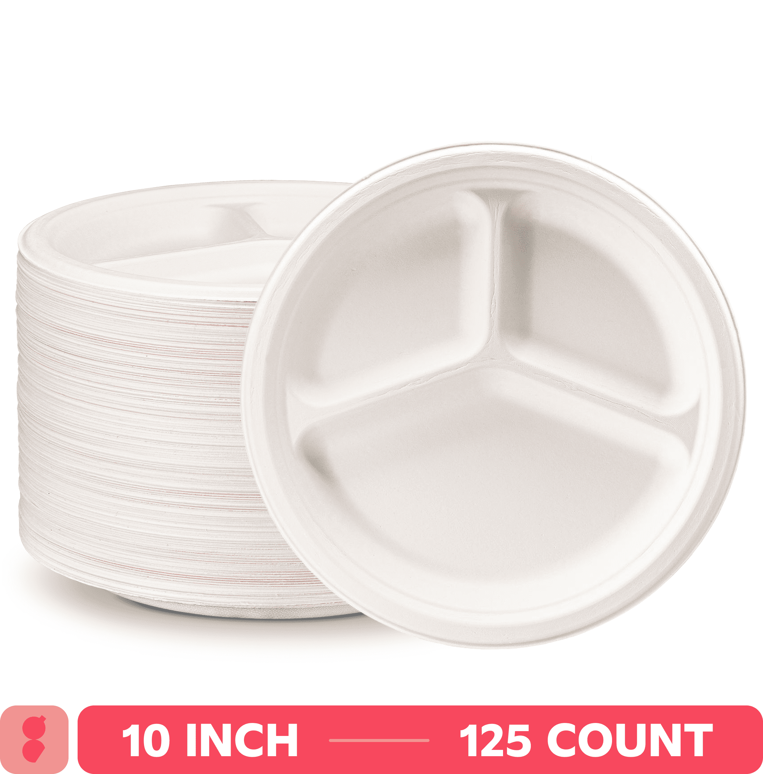 GUSTO 10 Inch 100% Compostable 3-Compartment White Paper Plates, Eco-Friendly Heavy Duty Disposable Dinnerware, 125 Count