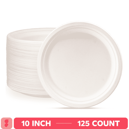 GUSTO 10 Inch 100% Compostable White Paper Plates, Eco-Friendly Heavy Duty Disposable Dinnerware, 125 Count