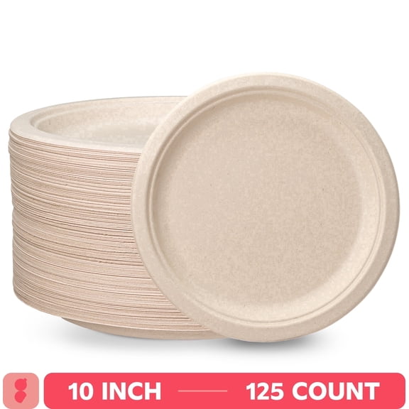 GUSTO 10 Inch 100% Compostable Paper Plates, Eco-Friendly Heavy Duty Disposable Dinnerware, 125 Count