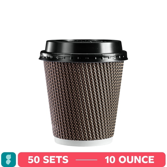 GUSTO 10 oz Disposable Coffee Cups with Lids, Insulated Paper Hot Cups for Coffee & Tea, 50 Count