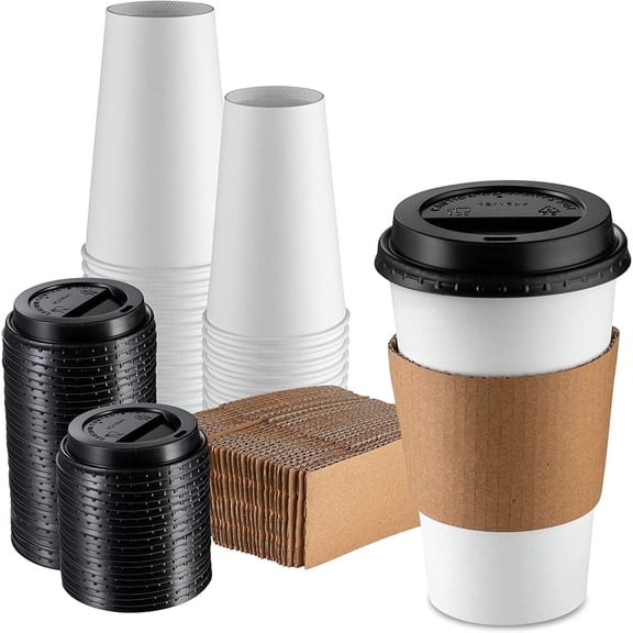 GUSTO 10 oz White Disposable Coffee Cups with Lids & Sleeves, Paper Hot Cups for Coffee & Tea, To Go Cups, 50 Count