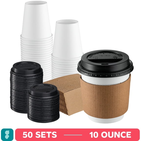 GUSTO 10 oz White Disposable Coffee Cups with Lids & Sleeves, Paper Hot Cups for Coffee & Tea, To Go Cups, 50 Count