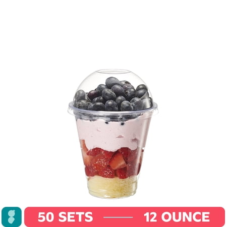 GUSTO 12 oz Clear Plastic Cups with Dome Lids (No Hole), Disposable Cups for Parfaits, Fruit Cups, Desserts & Snacks, 50 Count