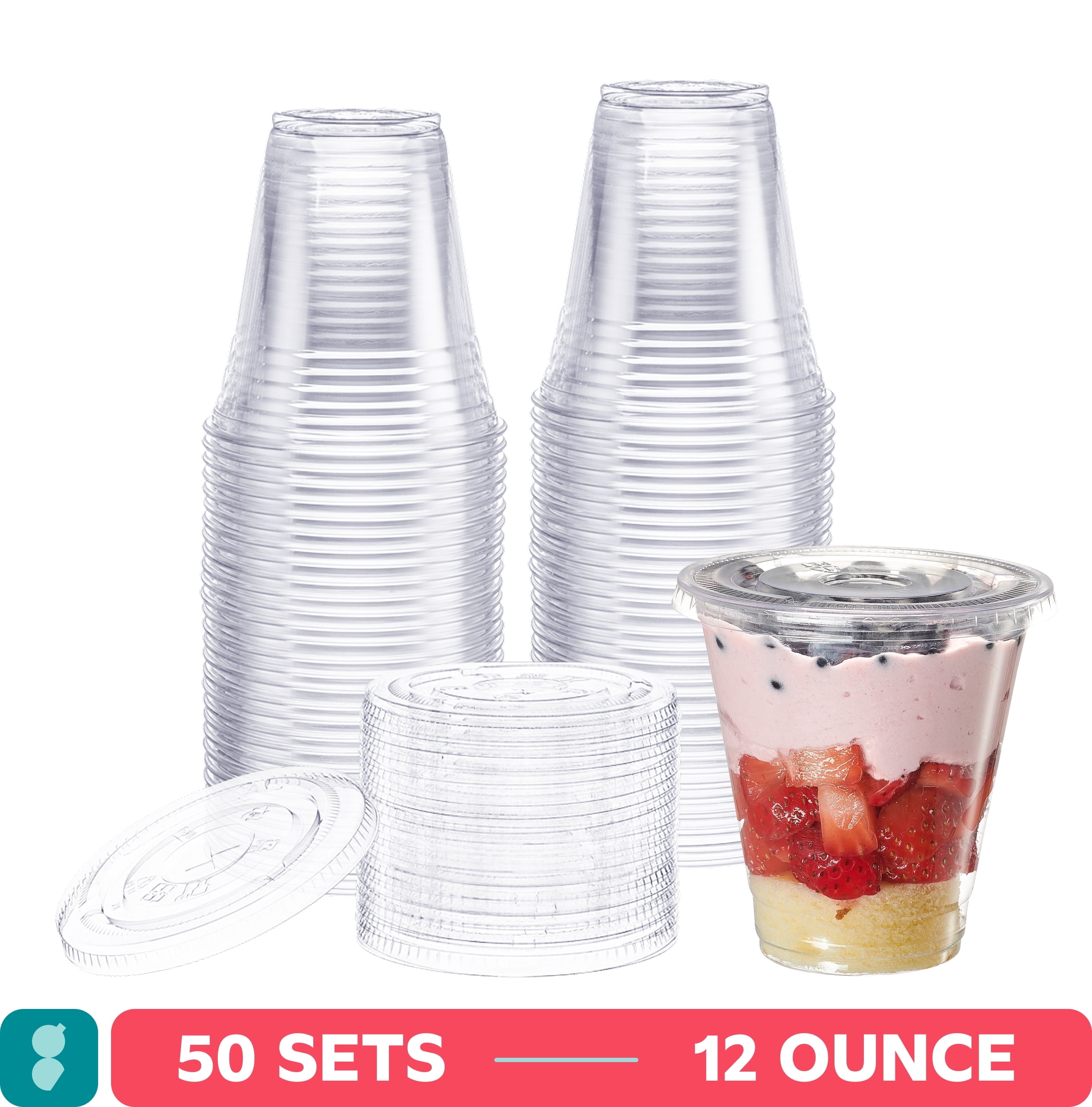 GUSTO 12 Oz Clear Plastic Cups Disposable Cups with Flat Lids, No Hole,  50-Pack