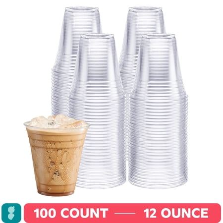 GUSTO 12 oz Clear Plastic Cups, Disposable Drinking Cups for Iced Coffee, 100 Count